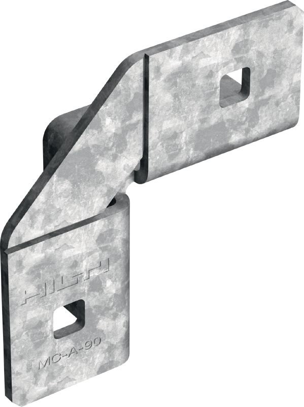 MC-A-90 OC-A Hot-dip galvanised (HDG) angle connector for 90-degree attachment of MC-3D channels to one another with higher load requirements outdoors