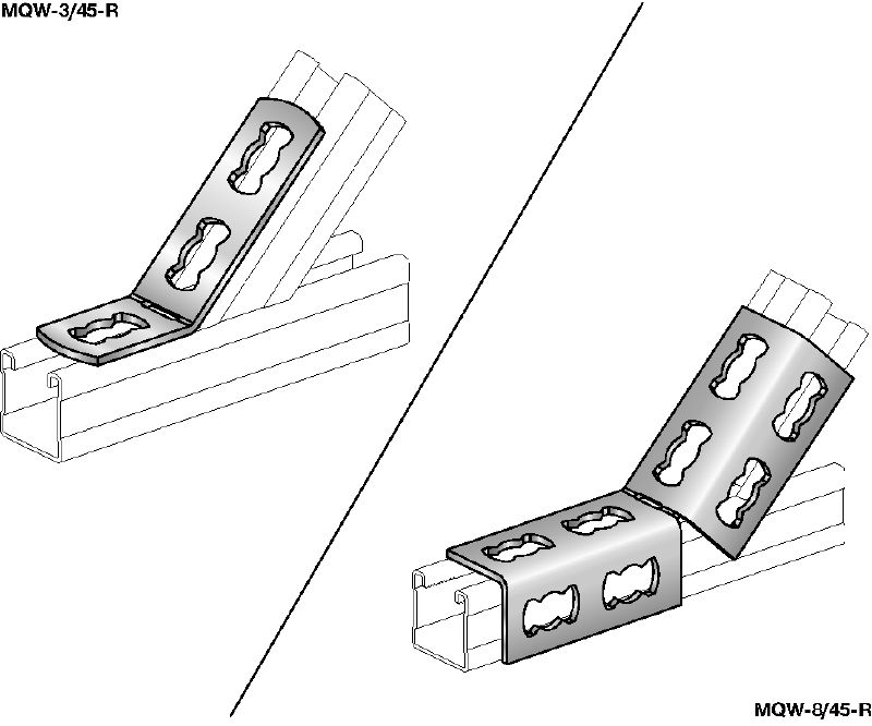 MQW 45°/135°-R Stainless steel (A4) 45- or 135-degree angle for connecting multiple MQ strut channels