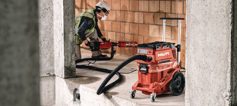 VC 40M-X M-Class dust extractor (ACD) Powerful dust extractor with large container and push-bar for connection with power tools and jobsite clean ups (wet & dry), 30l tank – ACD certified vacuum Applications 1
