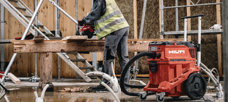 VC 40M-X M-Class dust extractor (ACD) Powerful dust extractor with large container and push-bar for connection with power tools and jobsite clean ups (wet & dry), 30l tank – ACD certified vacuum Applications 1