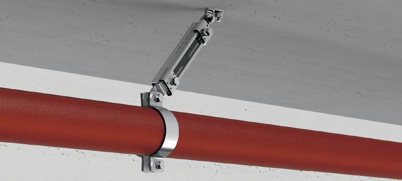 MQS-SP-T Galvanised pre-assembled strut channel connector with FM approval for transversal seismic bracing of fire sprinkler pipes Applications 1
